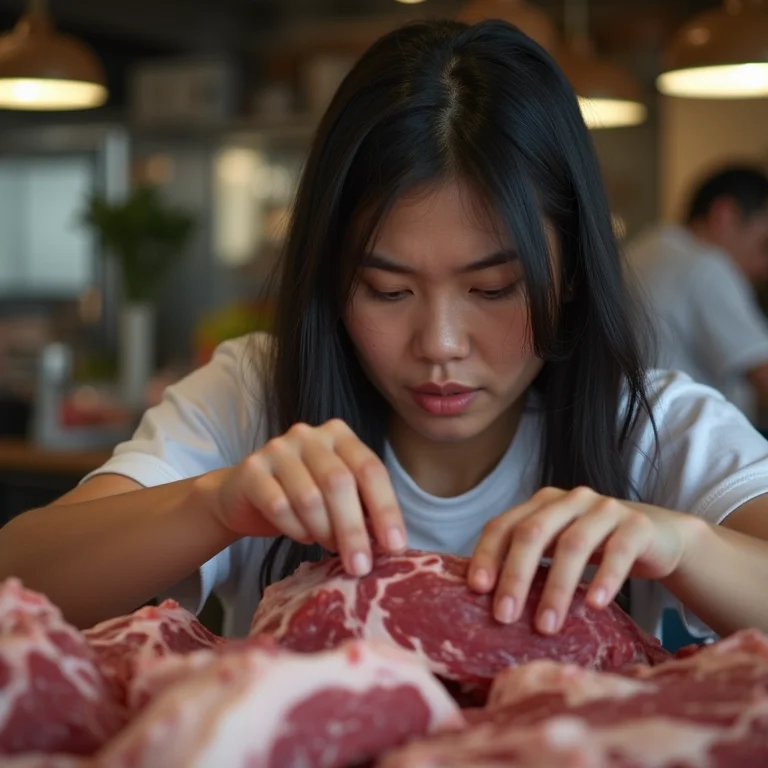 Mulher asiático-brasileira inspecionando carne de cordeiro.