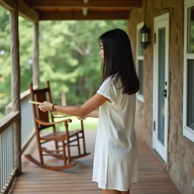 Mulher asiático-brasileira medindo varanda para cadeira de balanço.