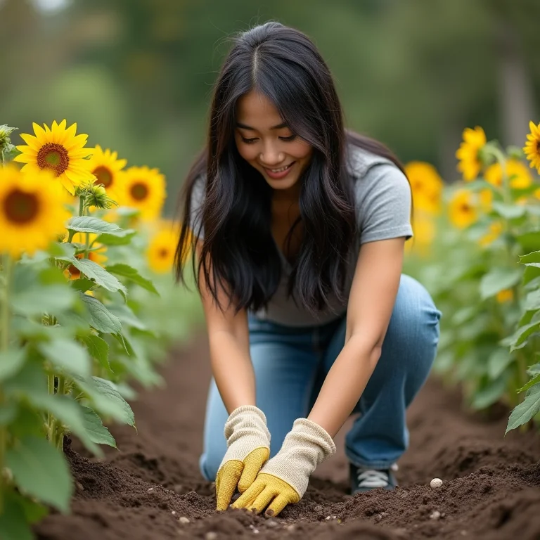 Mulher asiático-brasileira plantando sementes de girassol.