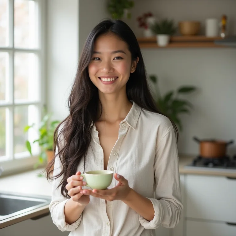 Mulher asiático-brasileira preparando chá verde na cozinha