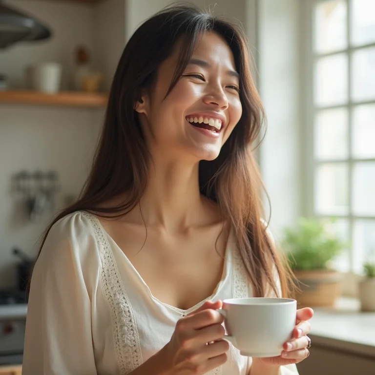Mulher asiático-brasileira rindo enquanto prepara o chá antioxidante.