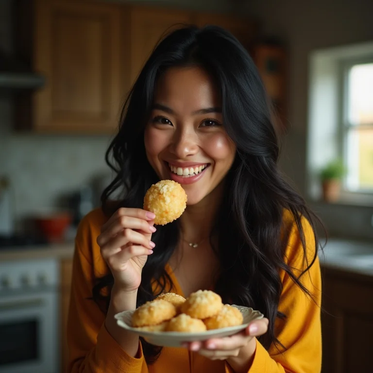 Mulher asiático-brasileira saboreando pão de queijo