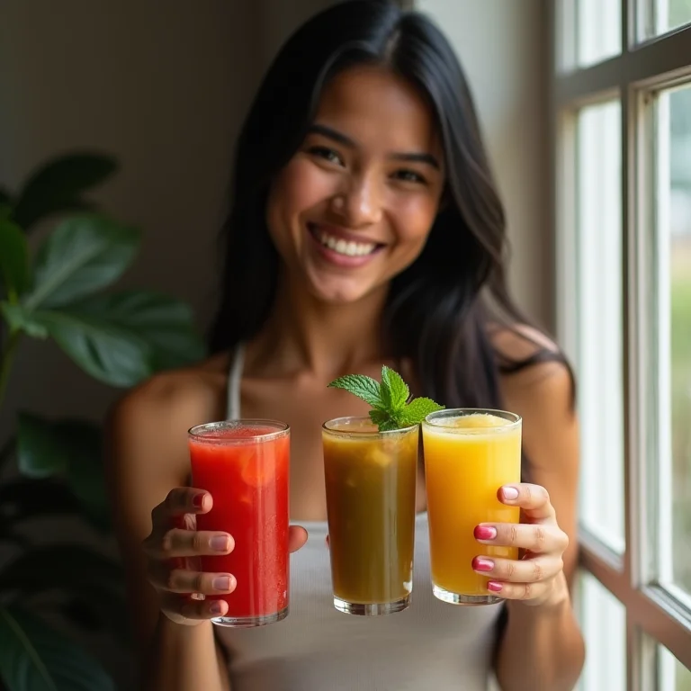 Mulher asiático-brasileira segurando diferentes variações de suco de acerola