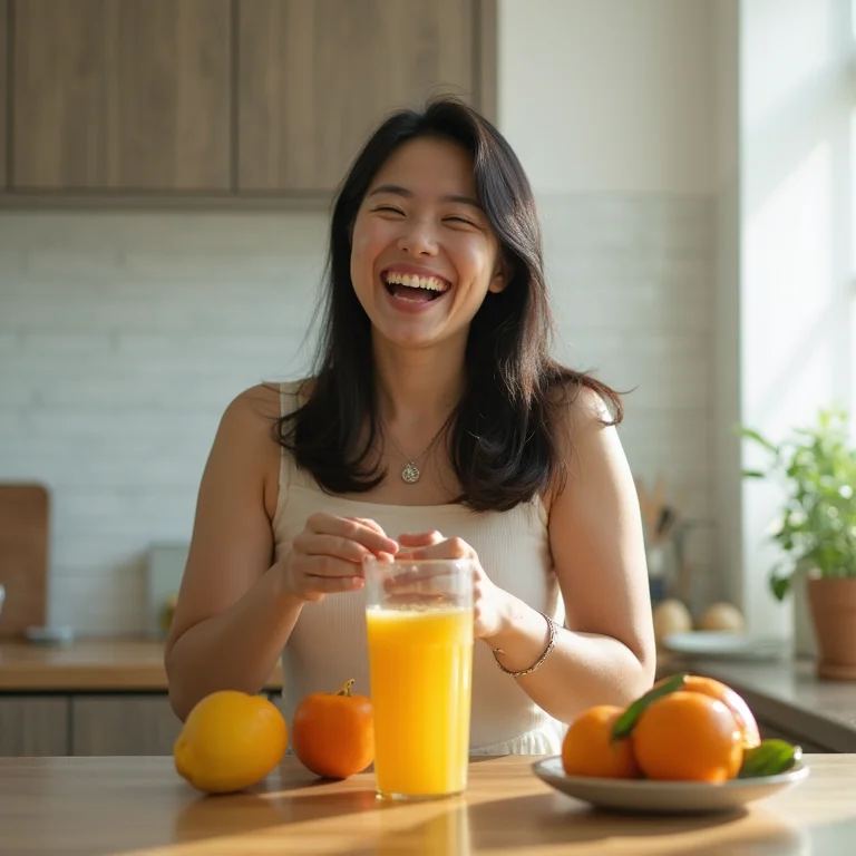 Mulher asiático-brasileira sorrindo preparando suco
