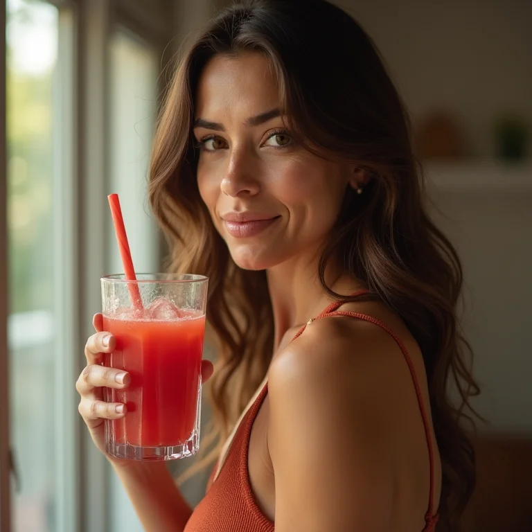 Mulher bebendo suco de acerola após a prática de yoga.