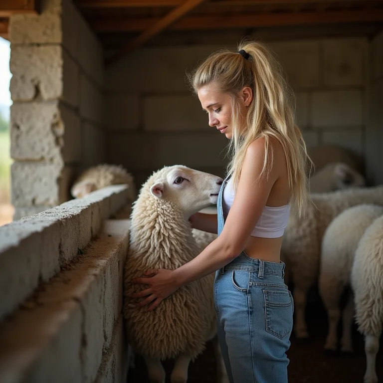 Mulher branca ordenhando ovelha em ambiente rural.