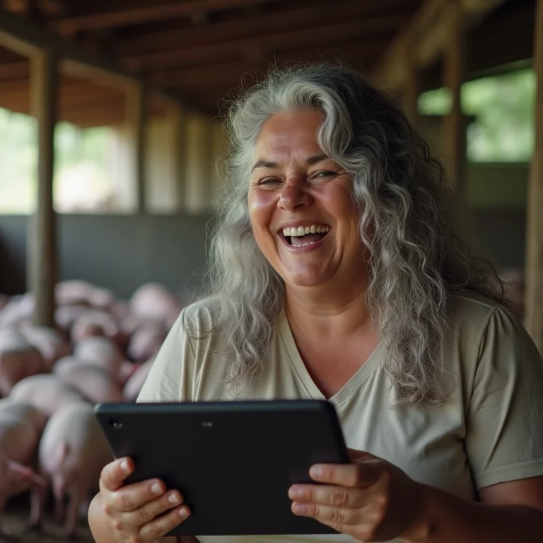 Mulher branca plus-size monitorando leitões