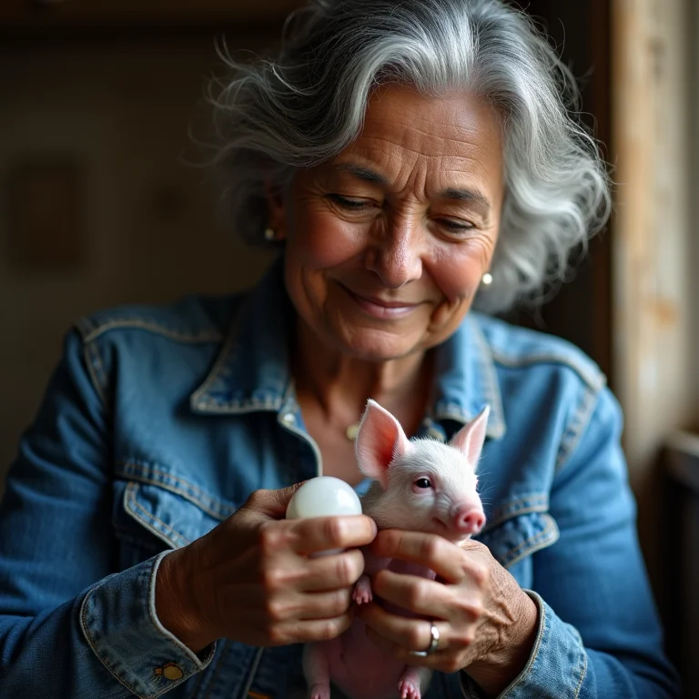 Mulher brasileira alimentando leitão recém-nascido com colostro.
