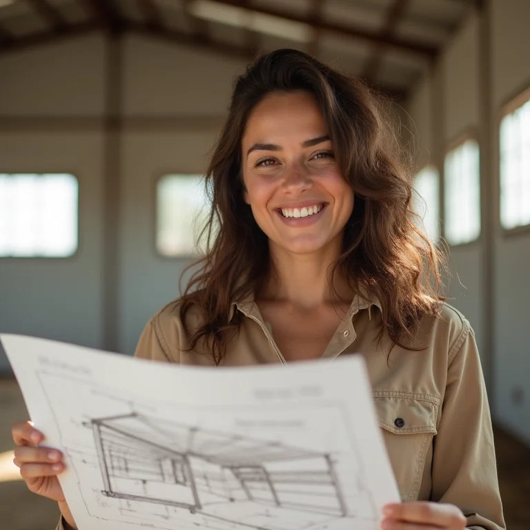 Mulher brasileira analisando projeto de chiqueiro suspenso