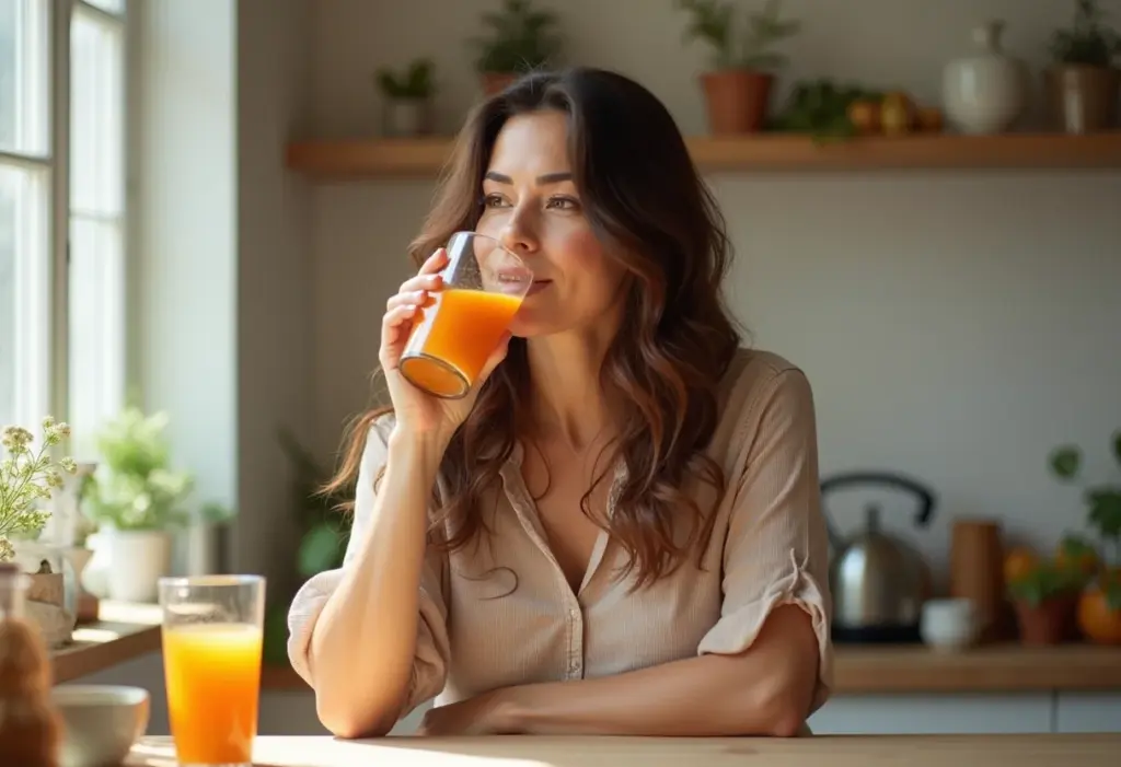 Mulher brasileira bebendo suco de tamarindo
