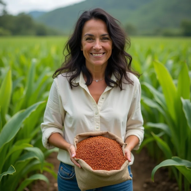 Mulher brasileira colhendo sementes de urucum em plantação.
