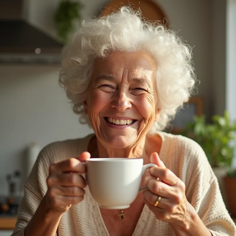 Mulher brasileira madura sorrindo enquanto bebe chá de Equinácea.