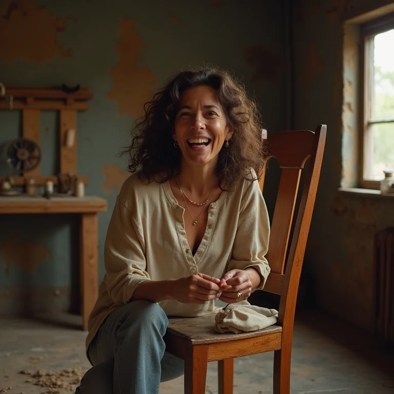 Mulher brasileira parda restaurando cadeira de madeira vintage em sala de jogos rústica.