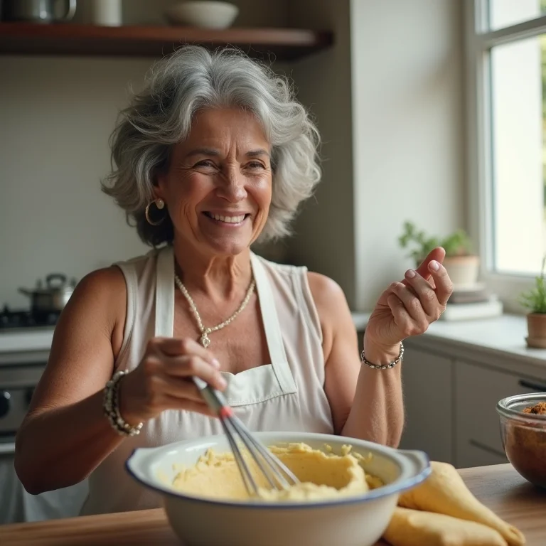 Mulher brasileira preparando bolo de laranja.