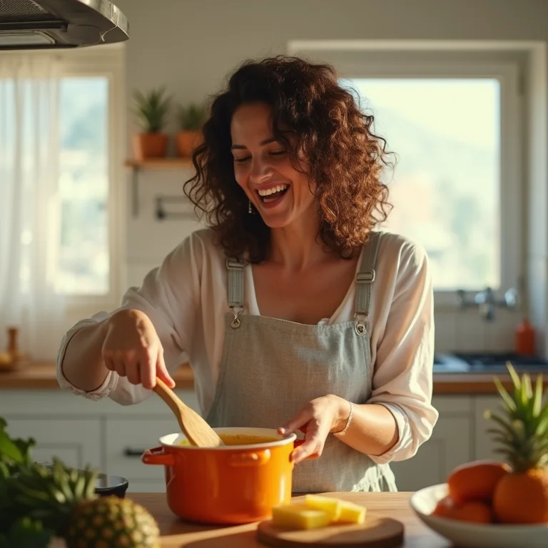Mulher brasileira preparando geleia de abacaxi com pimenta caseira na cozinha