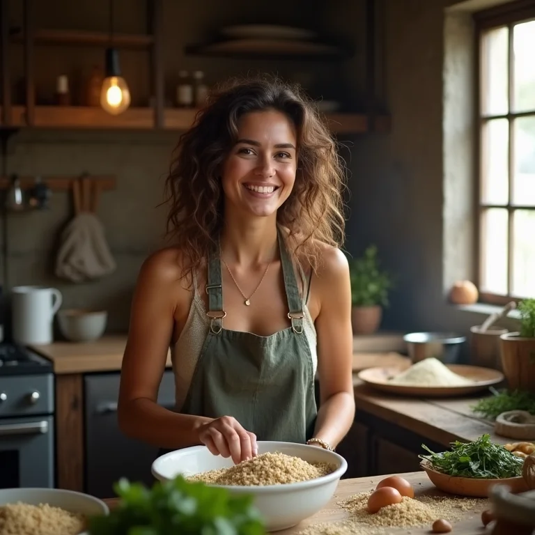 Mulher brasileira preparando ração nutritiva para cabritos na cozinha