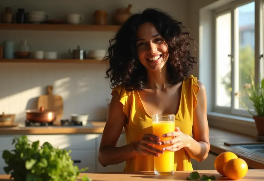 Mulher brasileira preparando suco de cajá para aumentar a imunidade