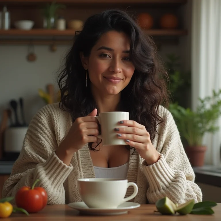 Mulher brasileira relaxada bebendo chá de folha de goiaba na cozinha.