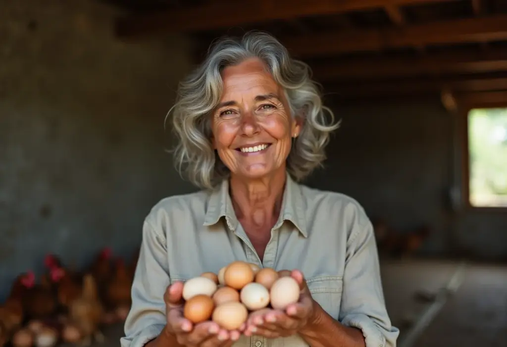 Mulher brasileira sorrindo ao coletar ovos em galinheiro rústico.