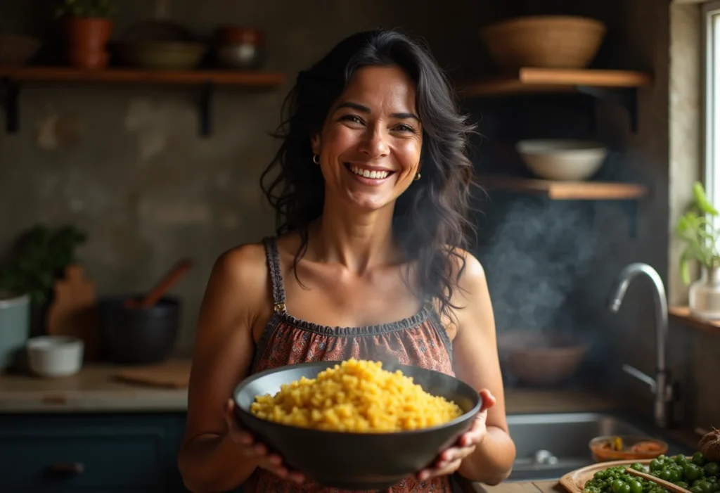 Receitas do Centro-Oeste: Sabores autênticos que você precisa provar Mulher brasileira sorrindo com Arroz com Pequi