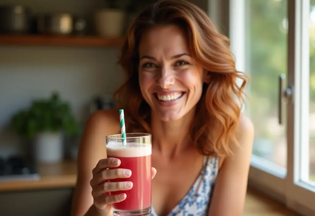 Mulher brasileira sorrindo com copo de suco de uva e gengibre