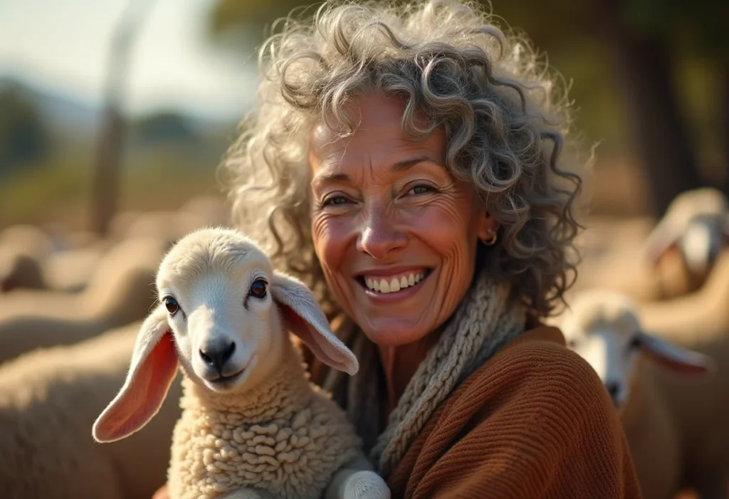 Mulher brasileira sorrindo com cordeiro no campo.