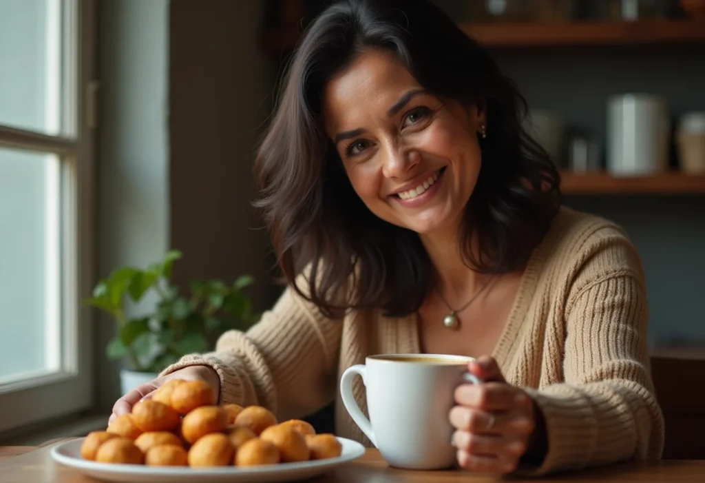 Mulher brasileira sorrindo com pão de queijo e café