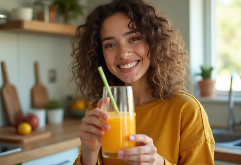 Mulher brasileira sorrindo com suco de melão na cozinha