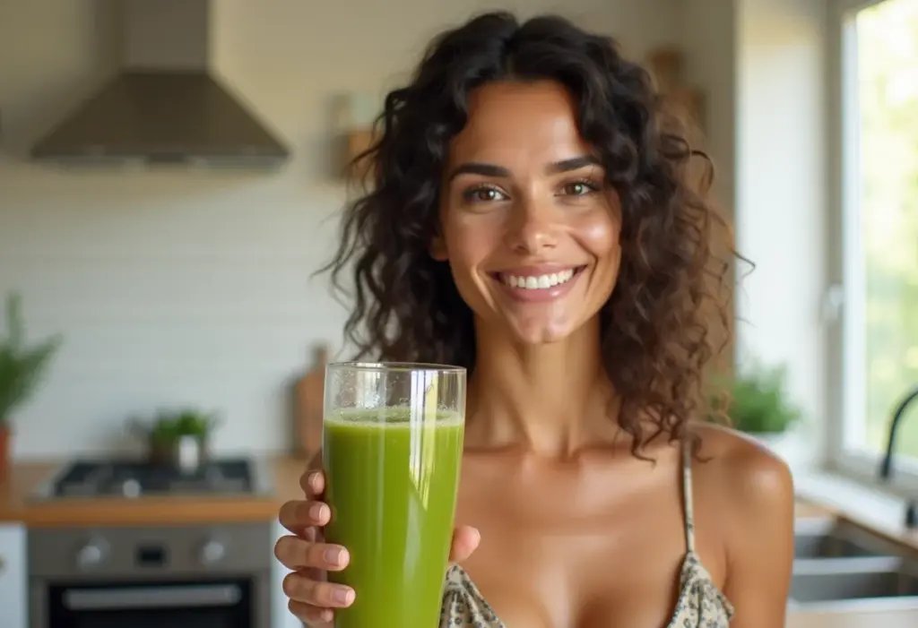 Mulher brasileira sorrindo com suco de uva verde detox