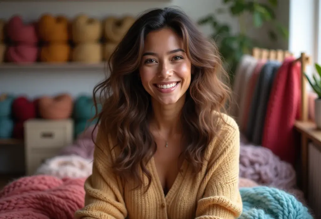 Mulher brasileira sorrindo em estúdio de lã de coelho.