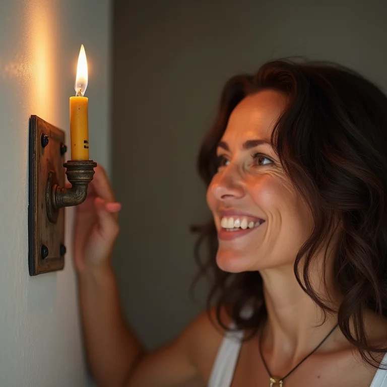 Mulher brasileira sorrindo enquanto admira um interruptor rústico recém-instalado.