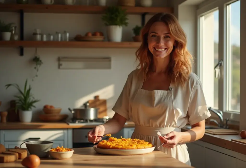 Mulher brasileira sorrindo enquanto prepara ovo galado.