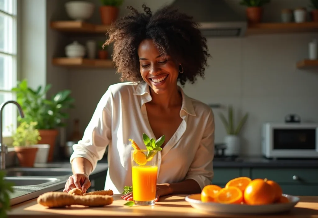 Mulher brasileira sorrindo enquanto prepara suco de açafrão com laranja.