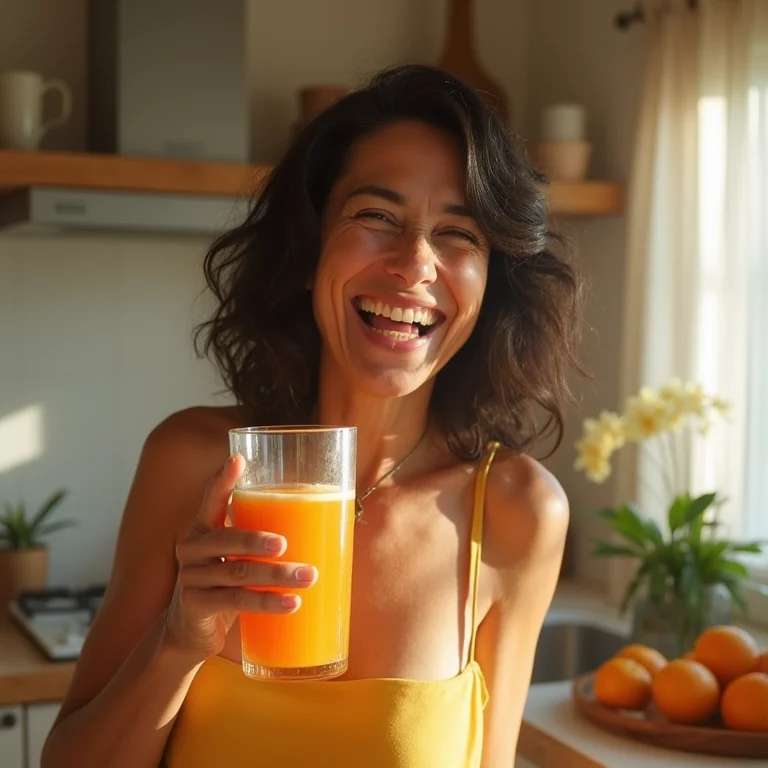 Mulher brasileira sorrindo enquanto segura suco de acerola e laranja