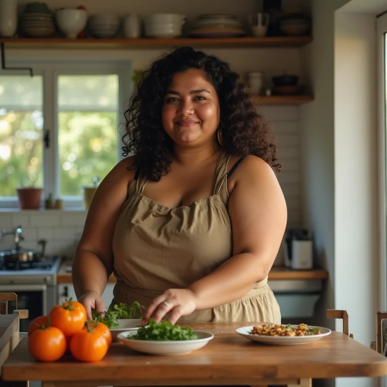 Mulher brasileira usando móvel multifuncional em cozinha rústica