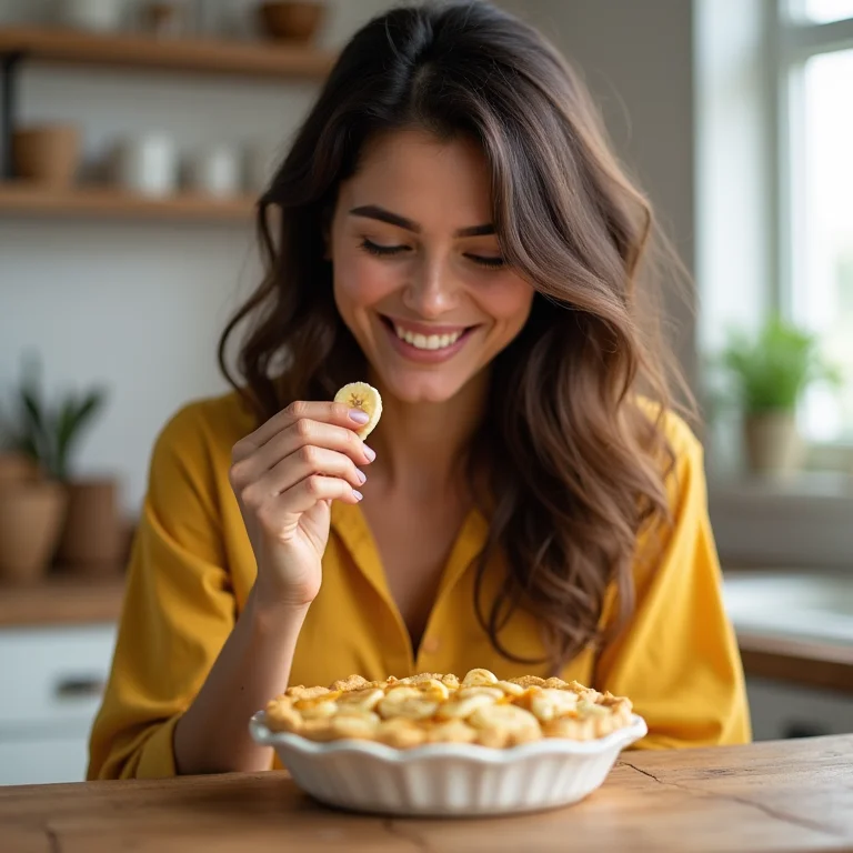 Mulher checando se a torta de banana está assada