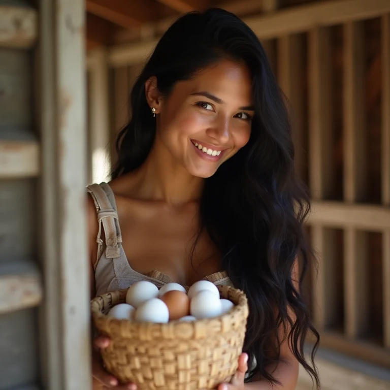 Mulher coletando ovos frescos no galinheiro.