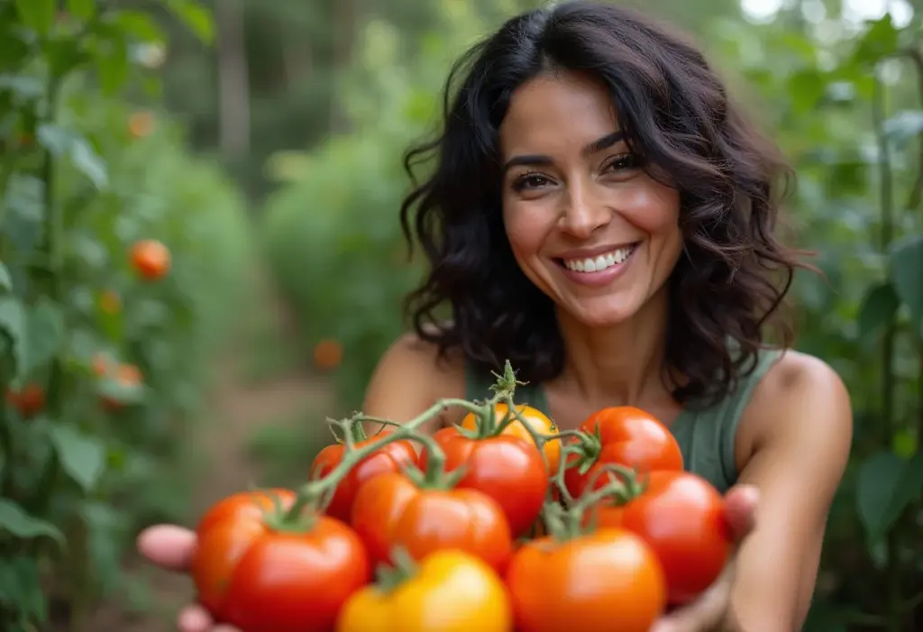 Mulher colhendo tomates orgânicos em consórcio de culturas