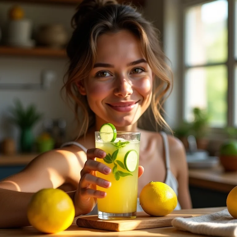 Mulher com pele hidratada bebendo suco de pepino e limão