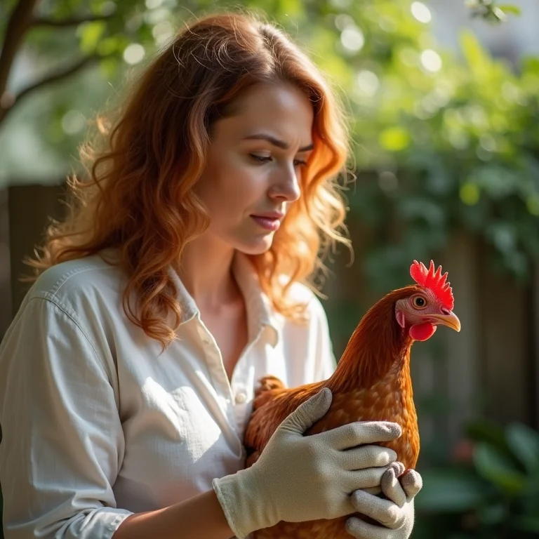 Mulher cuidando da saúde de sua Galinha Sebright.