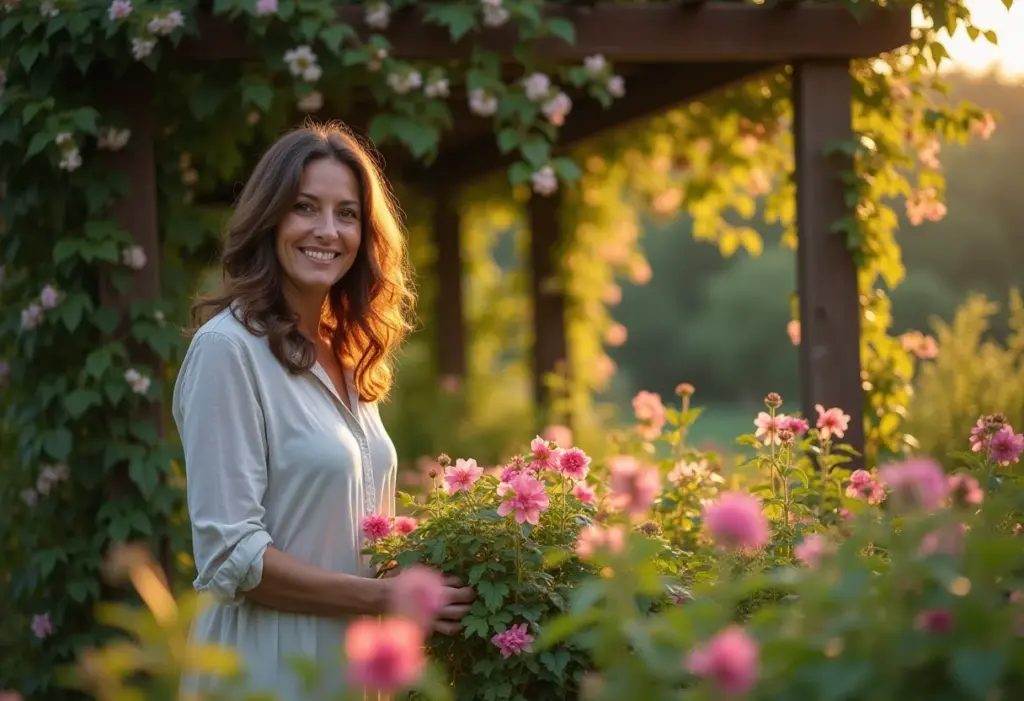 Mulher cuidando de jardim com pergolado rústico florido.