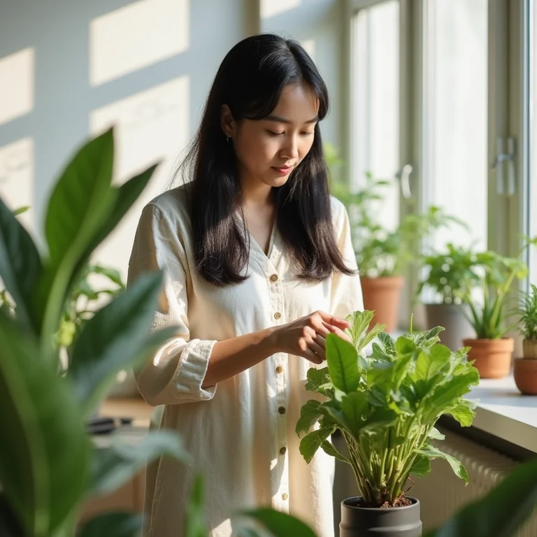 Mulher cuidando de plantas em casa.