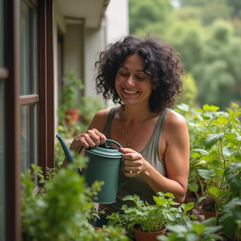 Mulher cuidando de sua horta em casa.