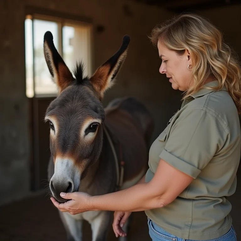 Mulher cuidando dos cascos de burro