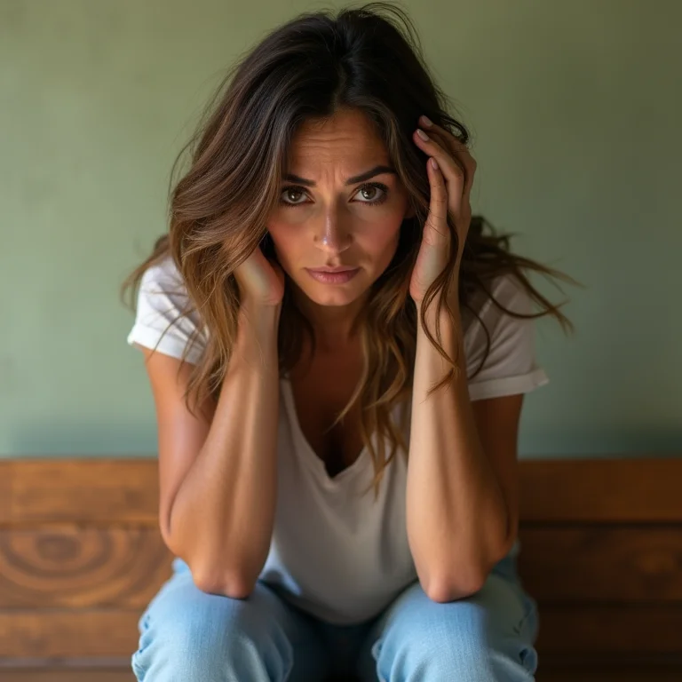 Mulher desconfortável sentada em banco de madeira.