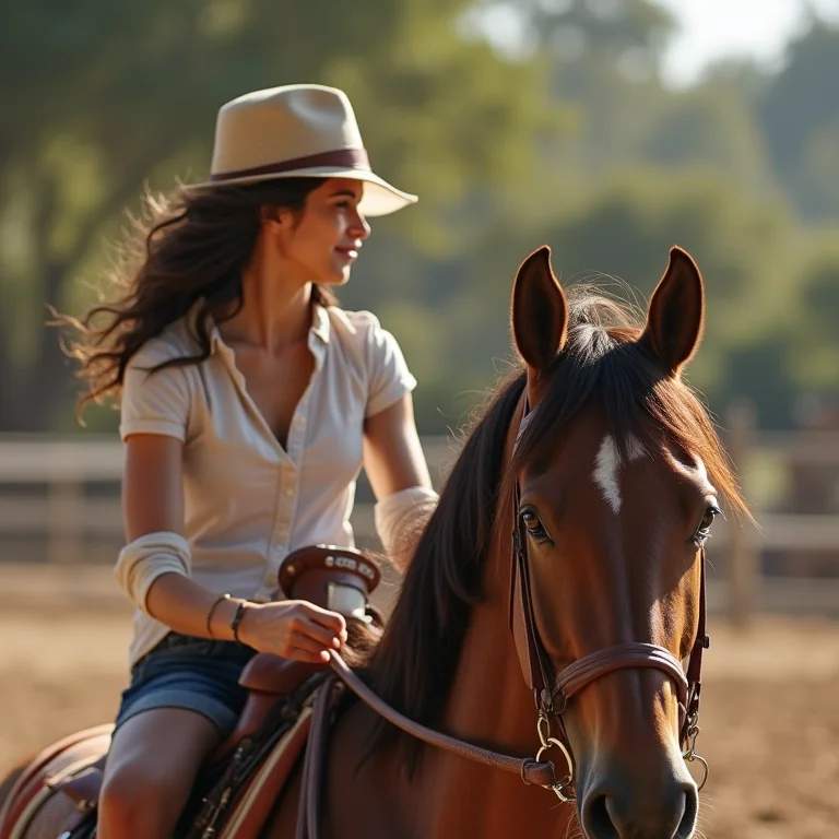 Mulher guiando criança a cavalo em centro de equitação