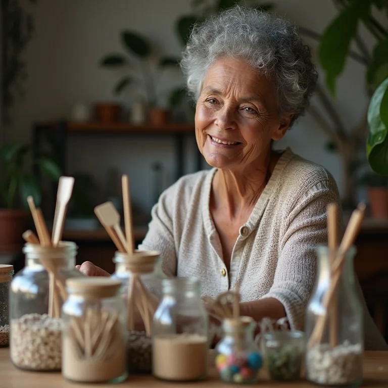 Mulher idosa branca organizando potes de vidro reciclados com materiais de artesanato