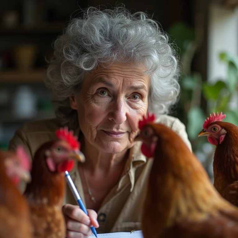 Mulher idosa observando o comportamento das galinhas