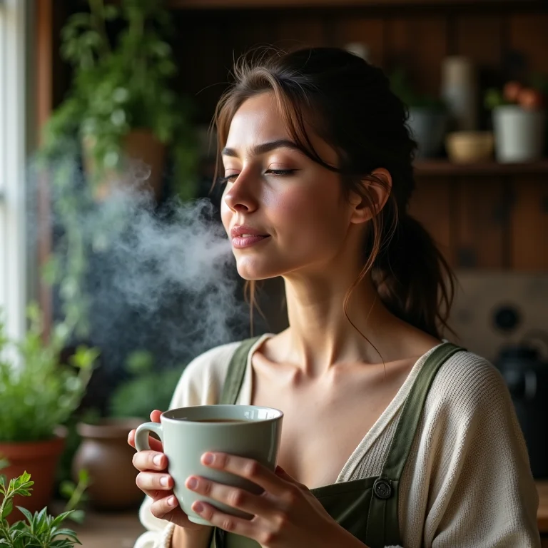 Mulher inalando o aroma do chá de orégano para alívio respiratório