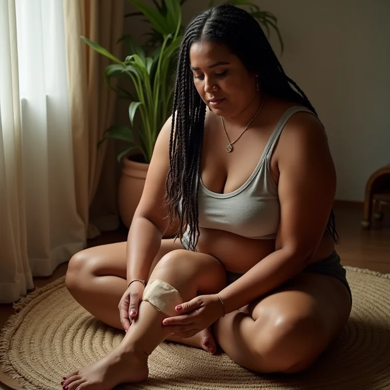 Mulher indígena aliviando dores articulares com compressa